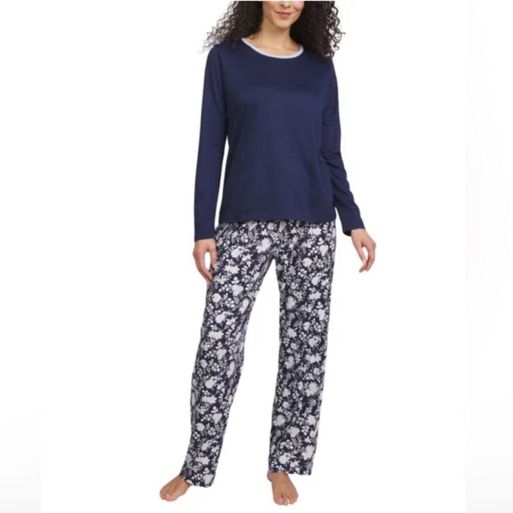Lands' End Women’s 2-Piece Pajama Set Long Sleeve TShirt + Pant Navy Blue Size S